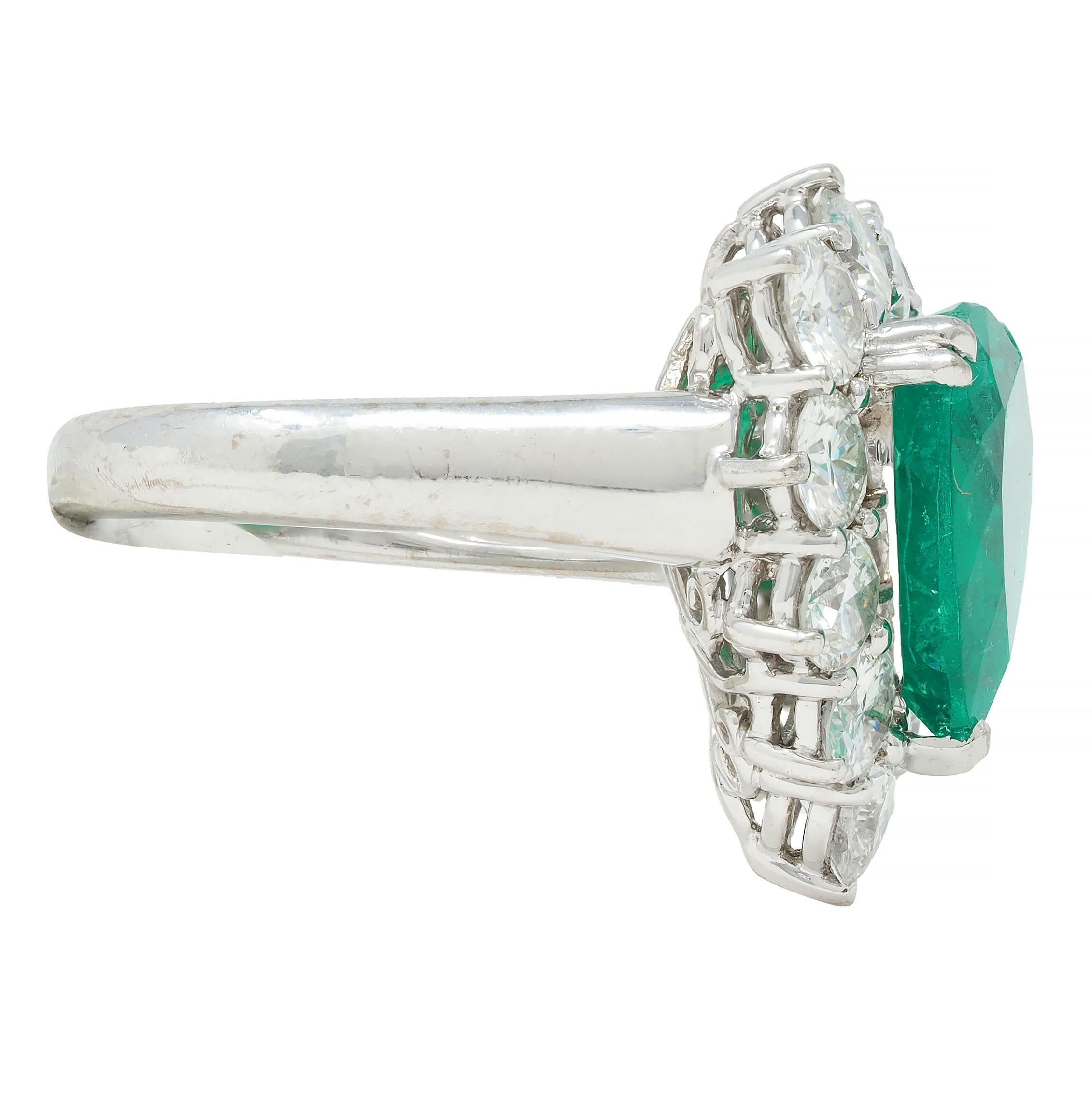 Heart Cut Contemporary 7.00 CTW Colombian Emerald Diamond 18 Karat Gold Heart Halo Ring For Sale