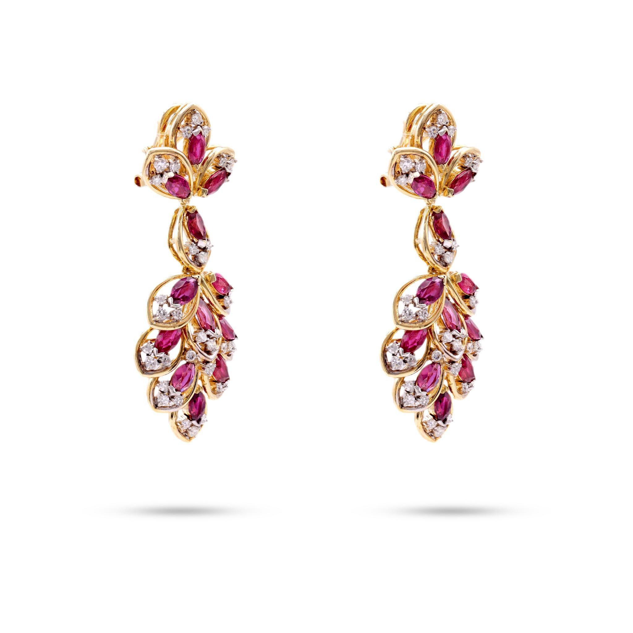 Marquise Cut Contemporary 7.05 Carat Marquise Ruby Diamond 18K Yellow Gold Dangle Earrings