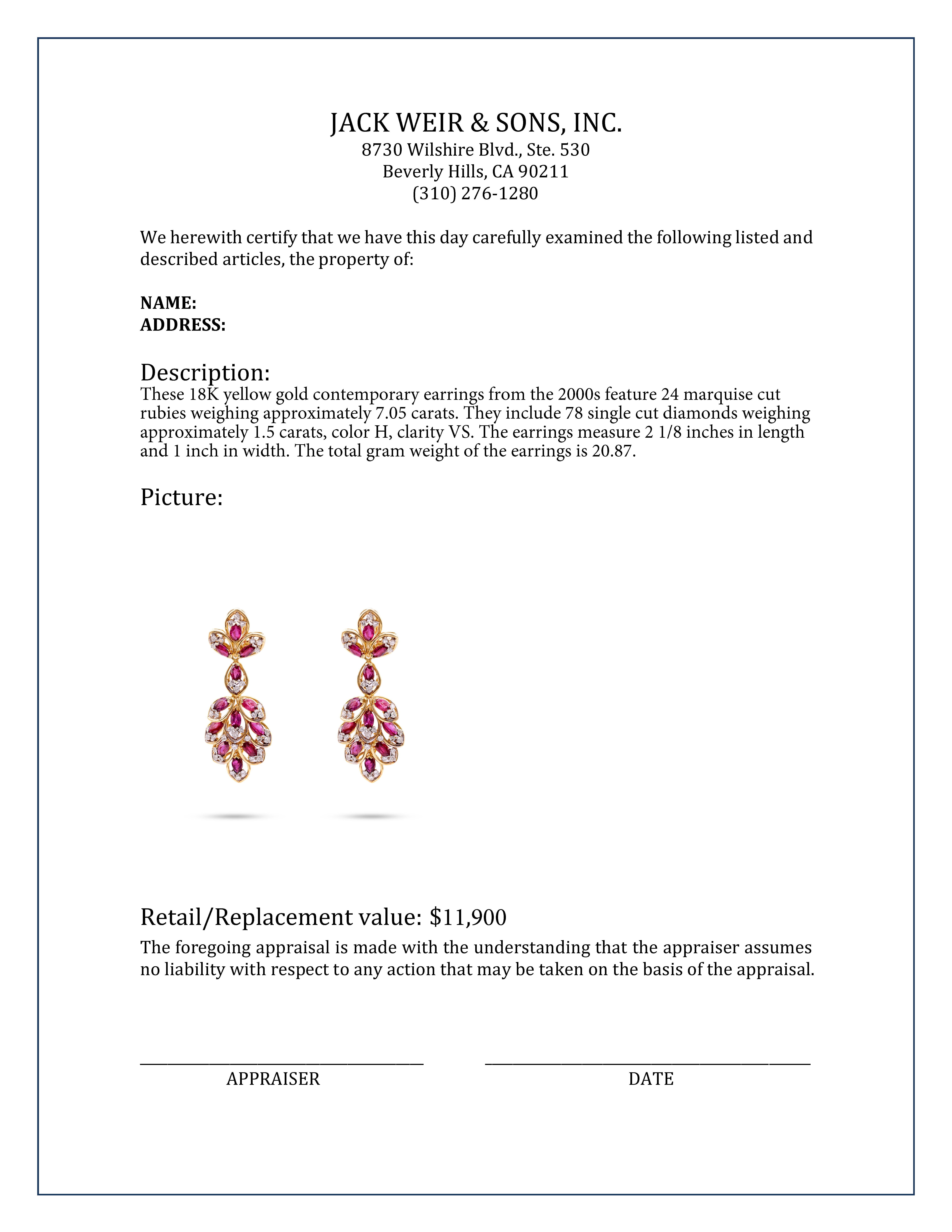 Contemporary 7.05 Carat Marquise Ruby Diamond 18K Yellow Gold Dangle Earrings In Excellent Condition In Beverly Hills, CA