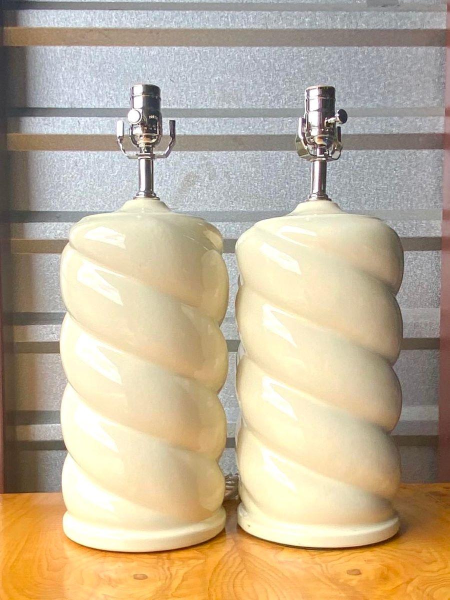 North American Contemporary 70s Twist Ceramic Lamps - a Pair For Sale