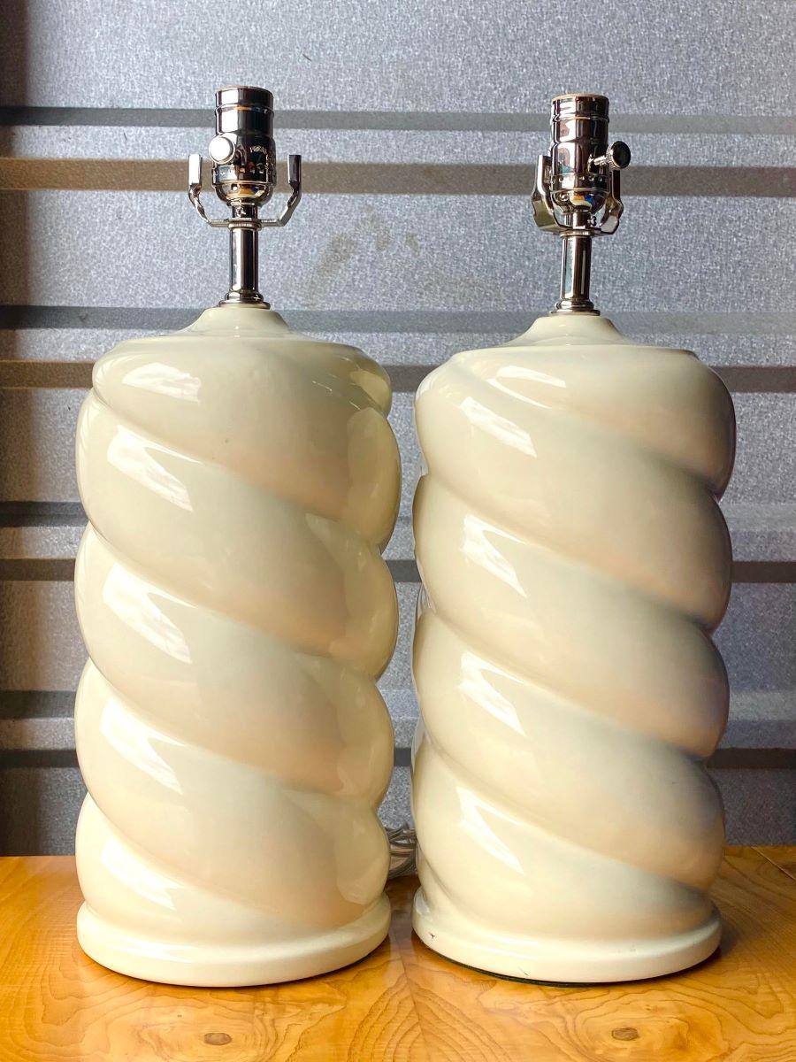 Contemporary 70s Twist Ceramic Lamps - a Pair In Good Condition For Sale In west palm beach, FL