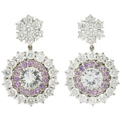 Contemporary 7.13 Carat Sapphire Diamond Platinum Cluster Drop Earrings