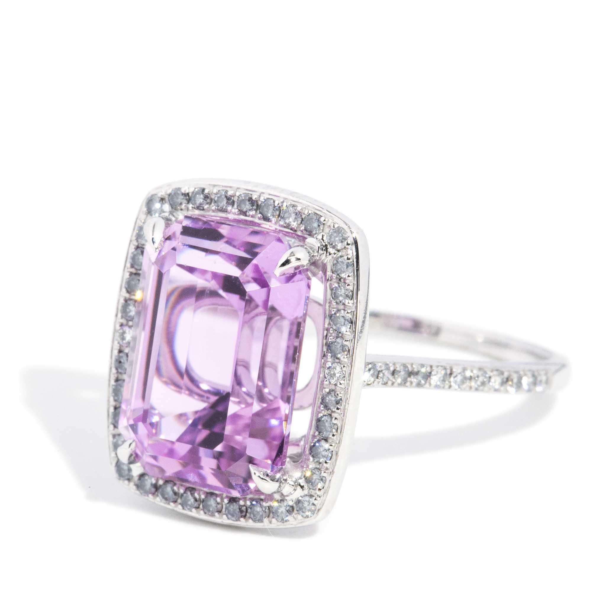 Women's Contemporary 7.18 Carat Kunzite & Diamond Halo Ring 18 Carat White Gold For Sale