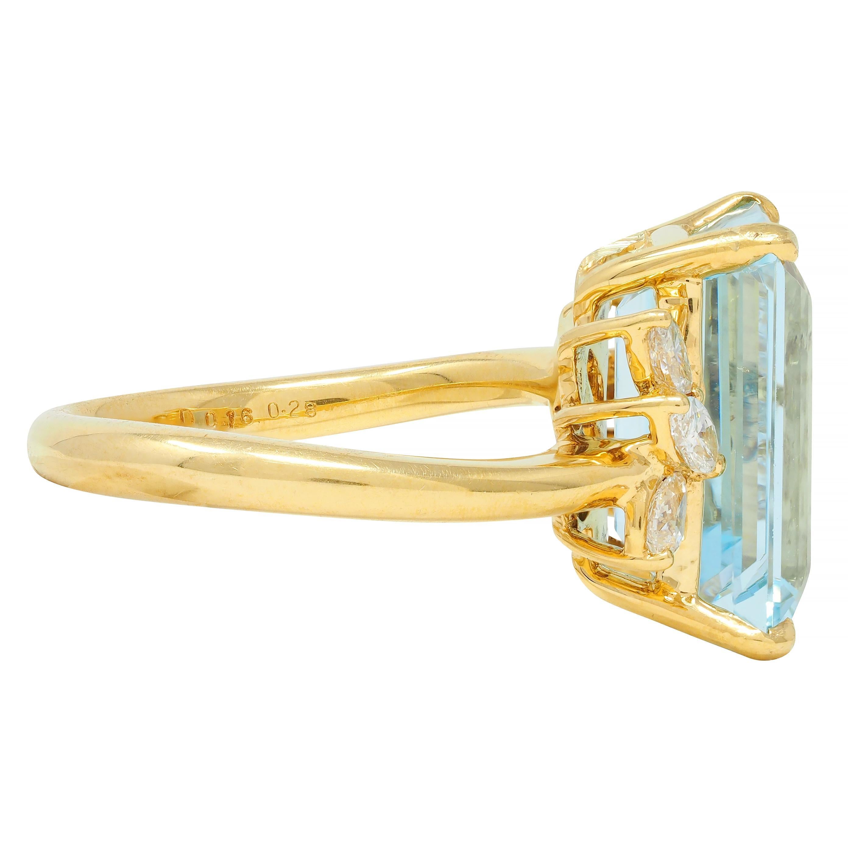 Emerald Cut Contemporary 7.27 CTW Aquamarine Diamond 18 Karat Yellow Gold Cocktail Ring For Sale