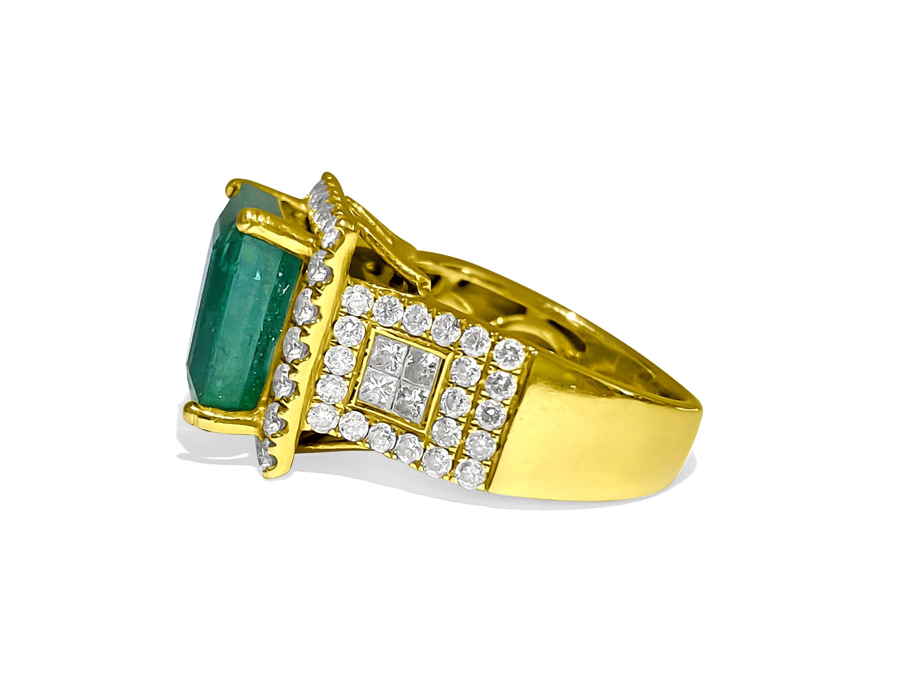 A pretty ring made of 14-karat yellow gold with a 5.50-carat emerald and 2.00 carats of diamonds. The emerald and diamonds are real and mined from the earth, with the diamonds being clear and colorless. The ring is stunning and can be resized.

Key