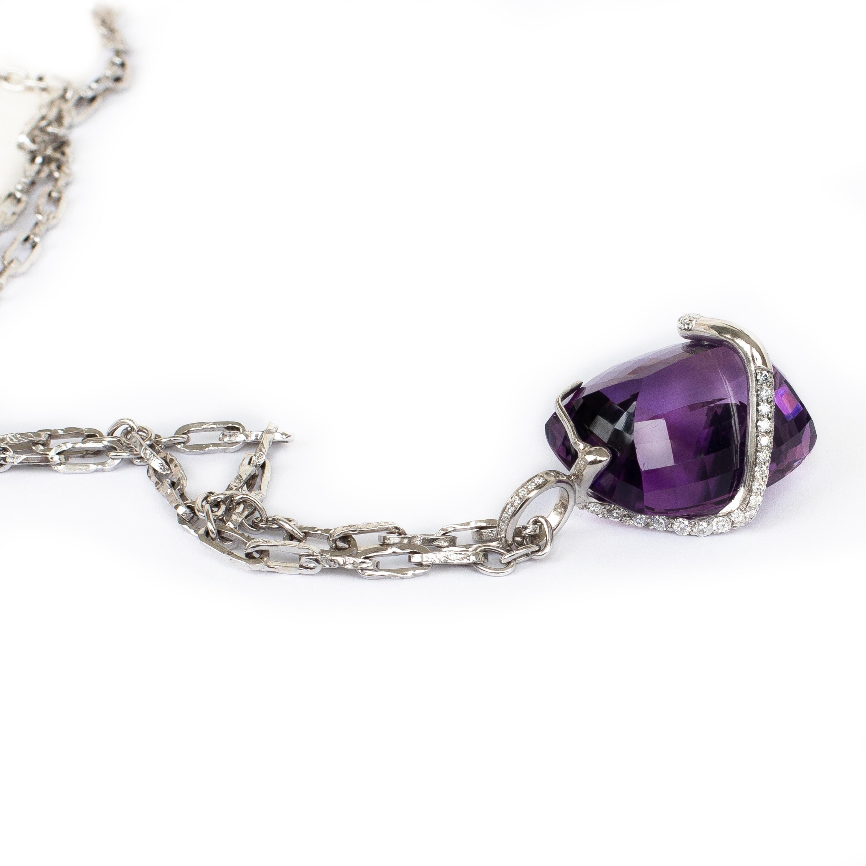 Contemporary Rosior 79 Carat Cushion Cut Amethyst and Diamond Long Pendant Necklace