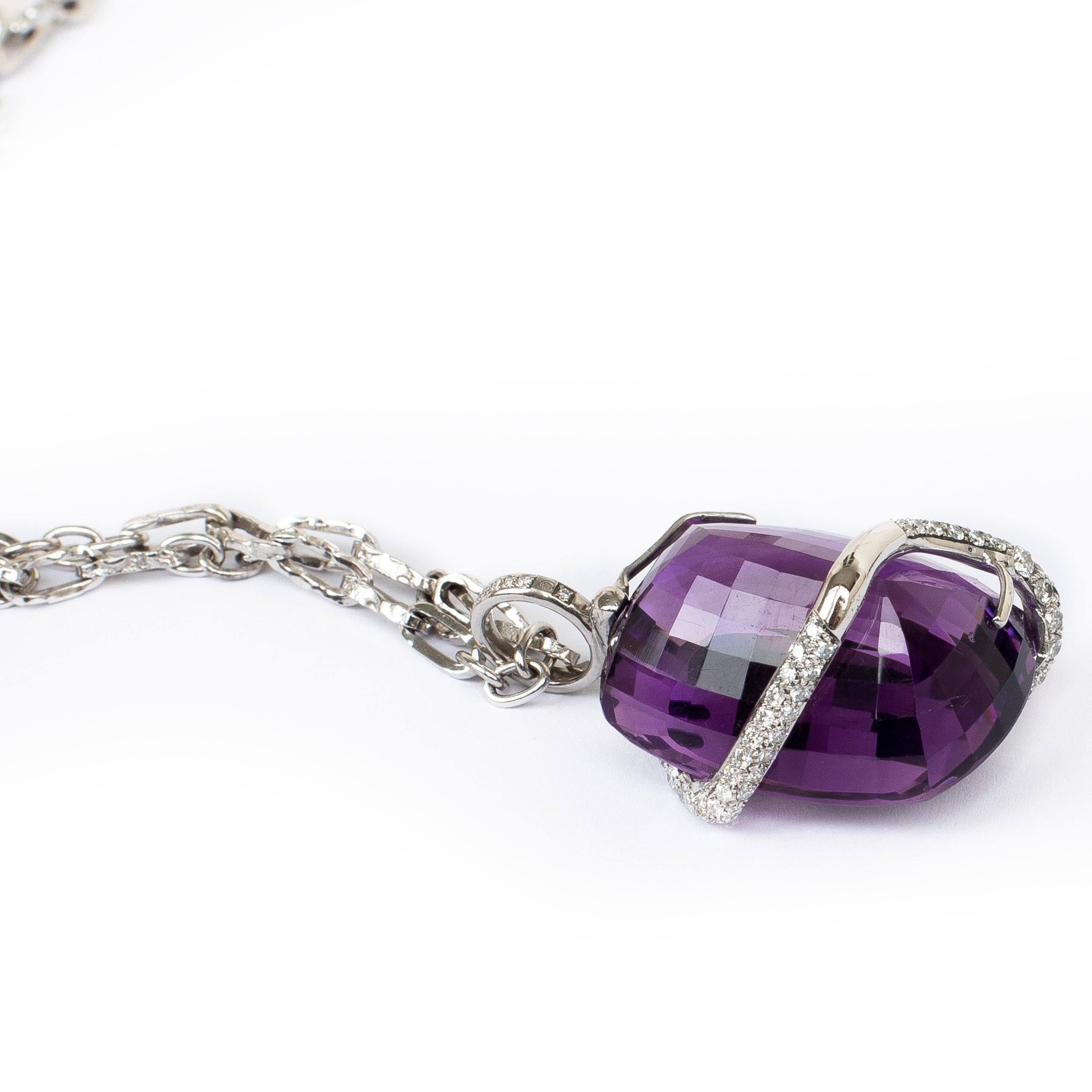 Rosior 79 Carat Cushion Cut Amethyst and Diamond Long Pendant Necklace In New Condition In Porto, PT