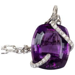 Rosior, collier pendentif long en améthyste taille coussin de 79 carats et diamants