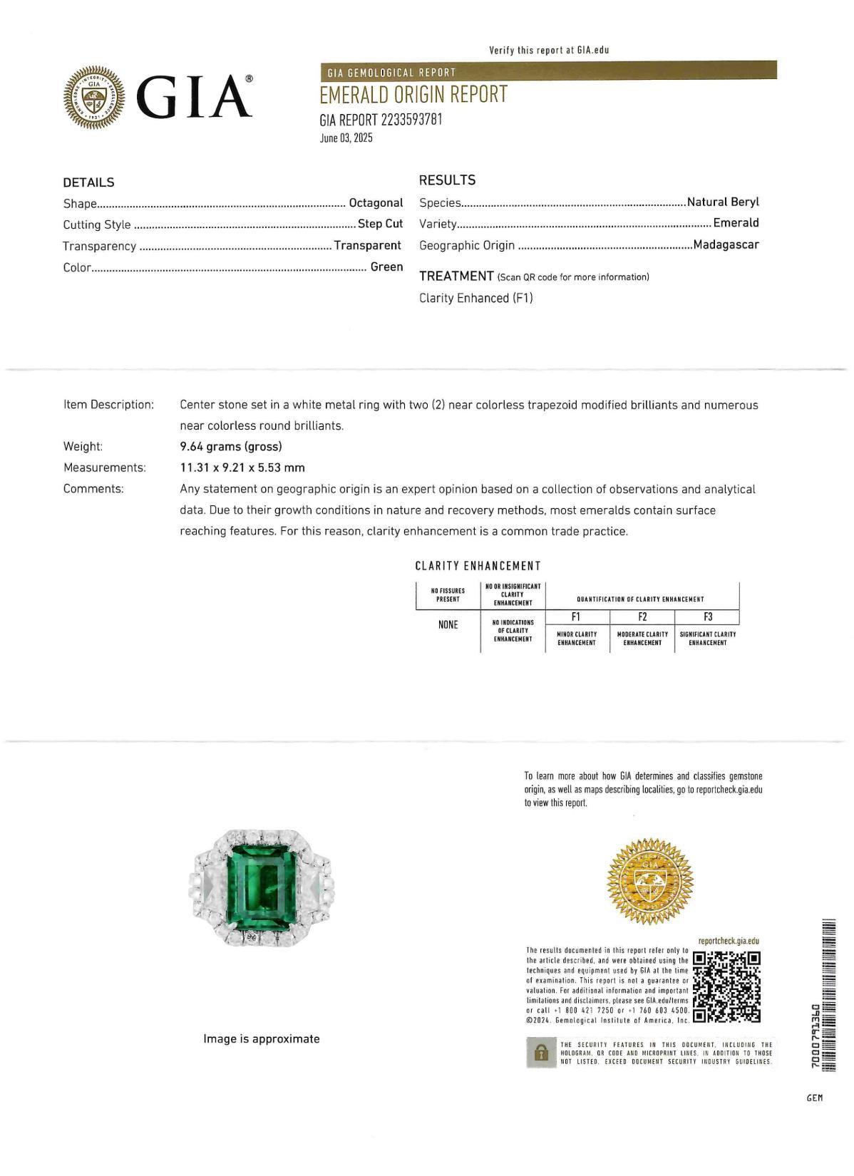 Contemporary 7,90 CTW Diamante smeraldo in platino Vintage Anello con tre pietre a raggiera GIA in vendita 3