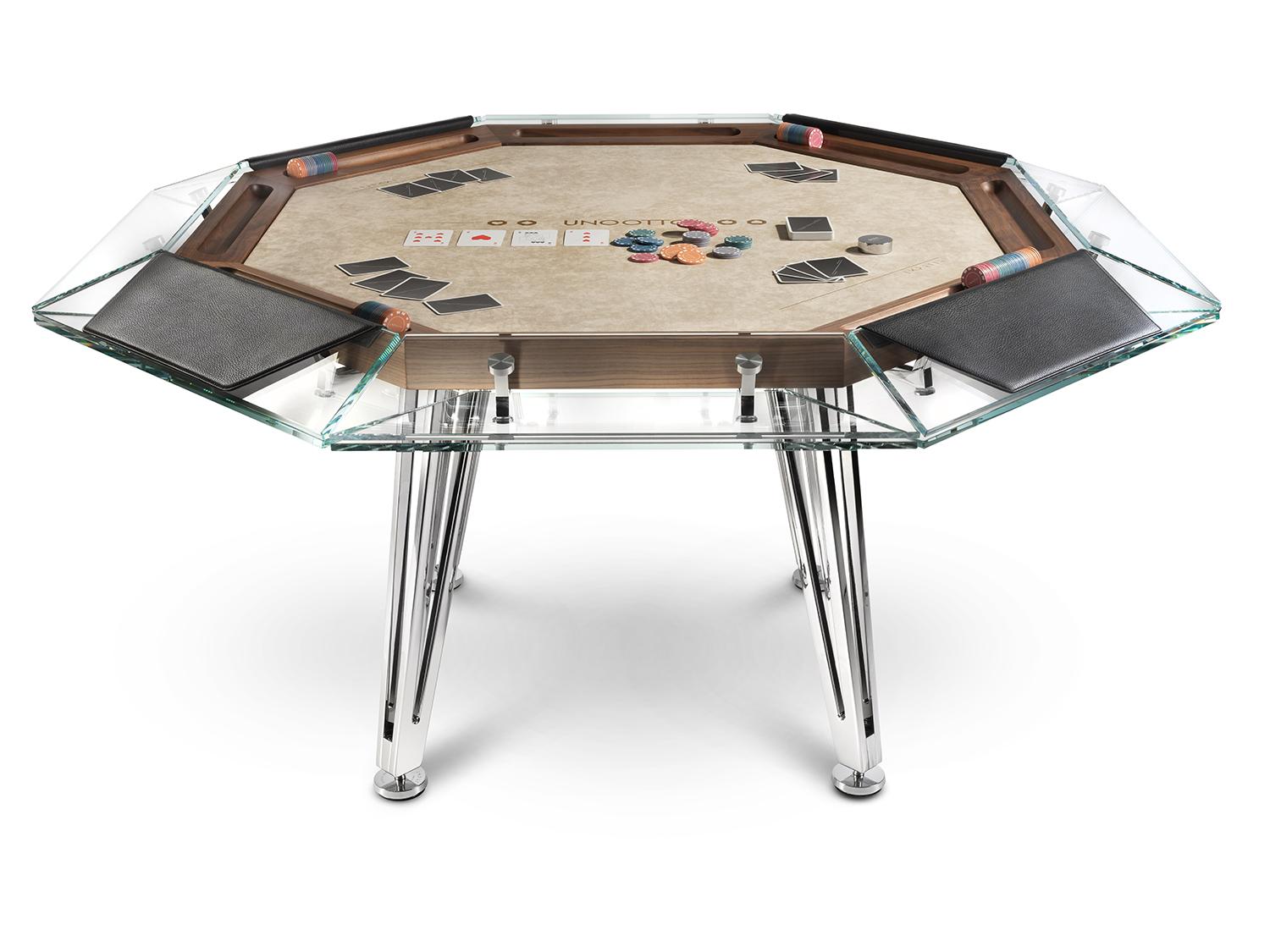 Modern Contemporary 8 Players Walnut Wood & Glass Poker Table by Impatia For Sale