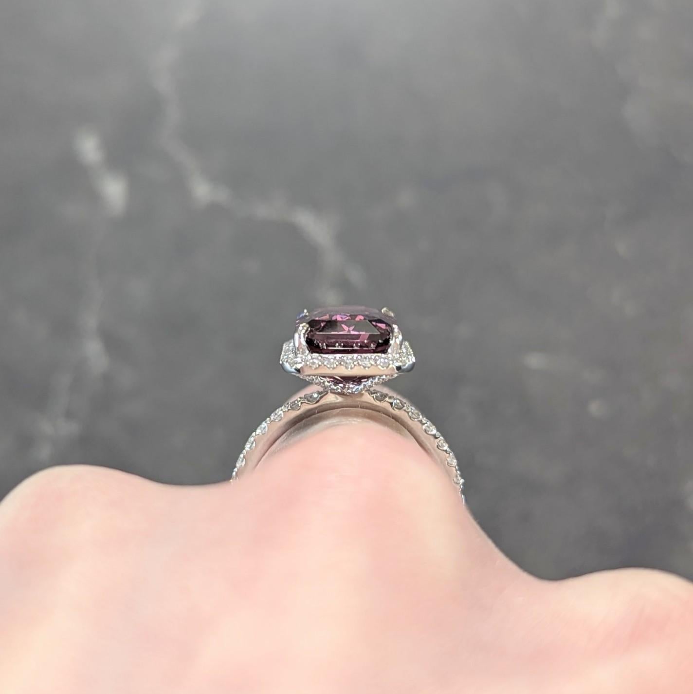 Contemporary 8.25 CTW Purple Spinel Diamond 18 Karat White Gold Halo Ring For Sale 5