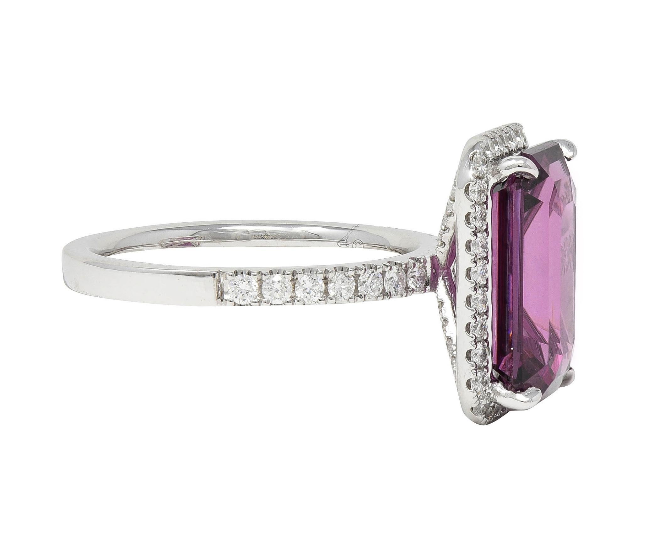 Emerald Cut Contemporary 8.25 CTW Purple Spinel Diamond 18 Karat White Gold Halo Ring For Sale