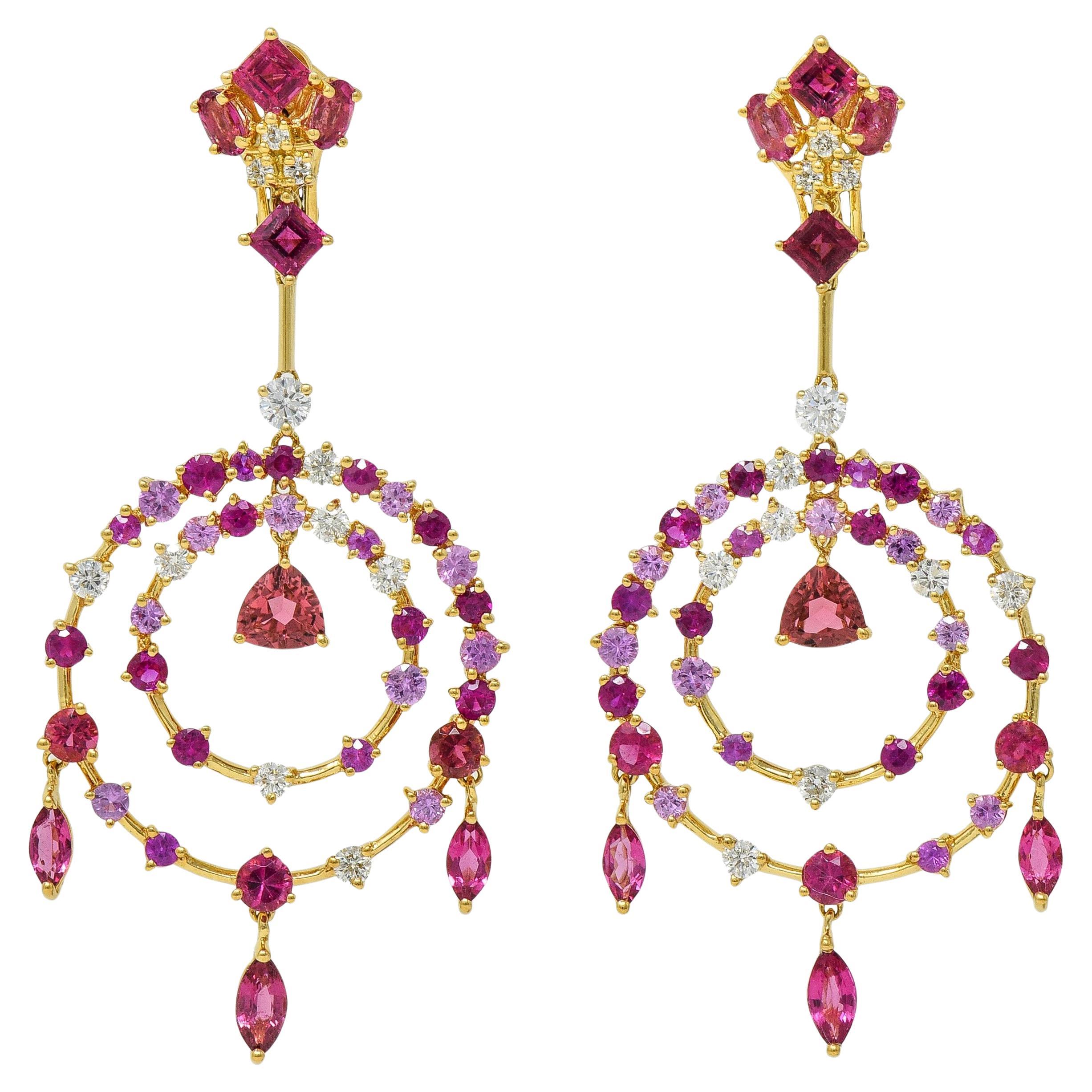 Contemporary 8.50 CTW Pink Sapphire Diamond Tourmaline 18K Fringe Drop Earrings