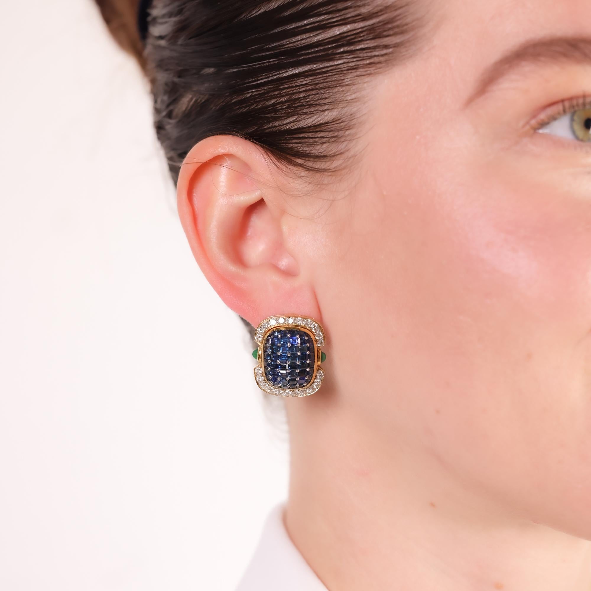 Brilliant Cut Contemporary 9 carat invisible set sapphire diamond emerald 18k gold earrings For Sale