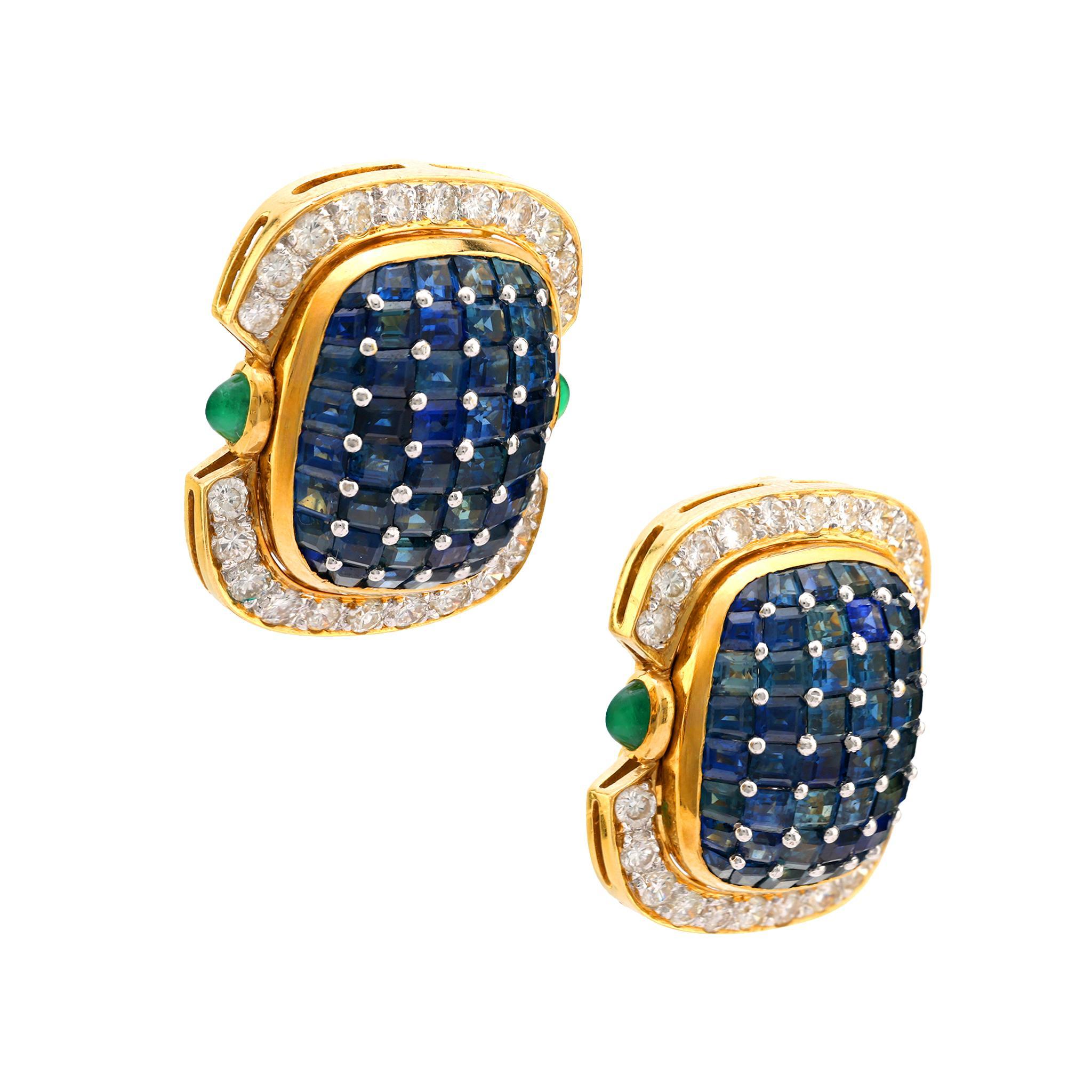 Contemporary 9 carat invisible set sapphire diamond emerald 18k gold earrings In Excellent Condition For Sale In Beverly Hills, CA