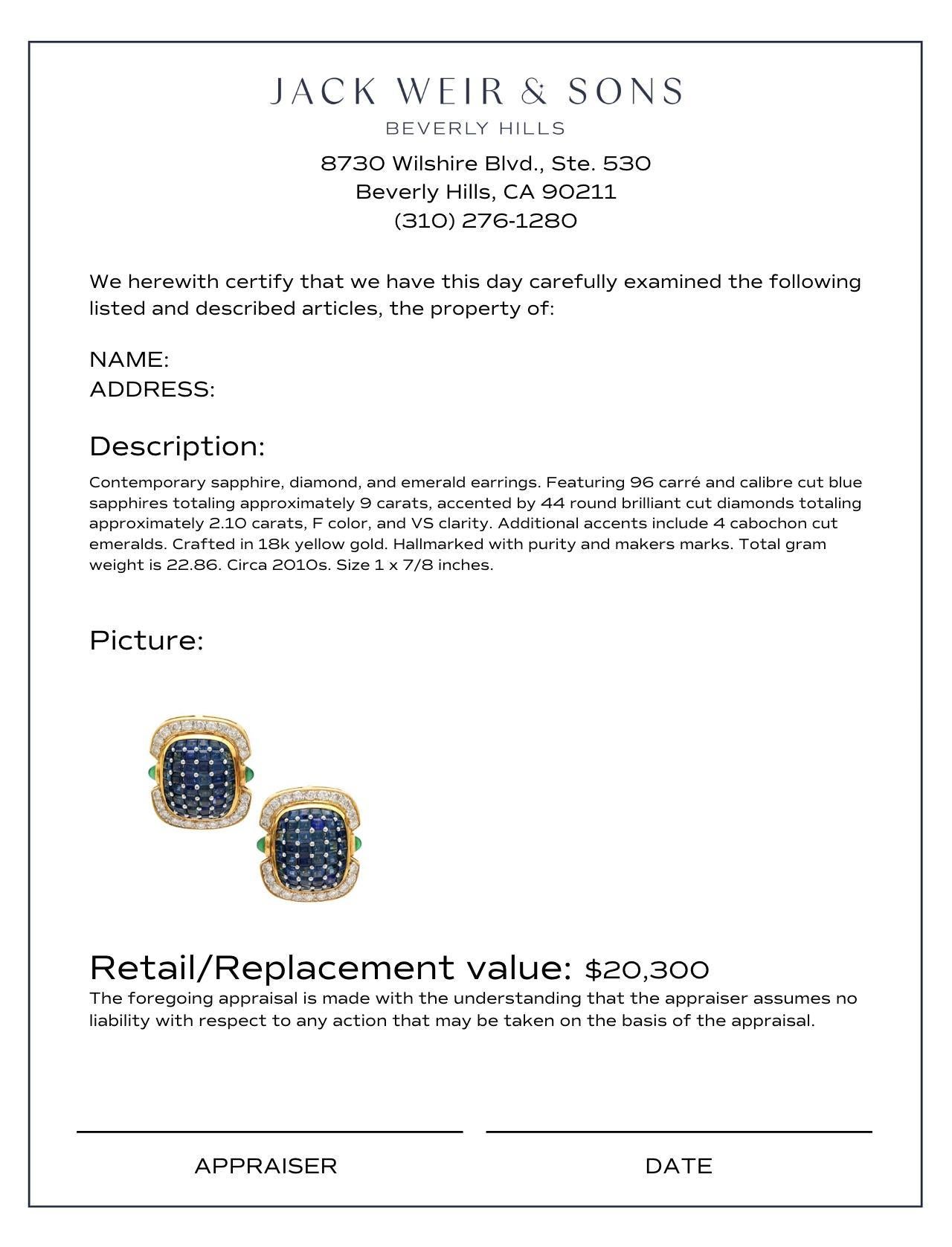 Women's or Men's Contemporary 9 carat invisible set sapphire diamond emerald 18k gold earrings For Sale