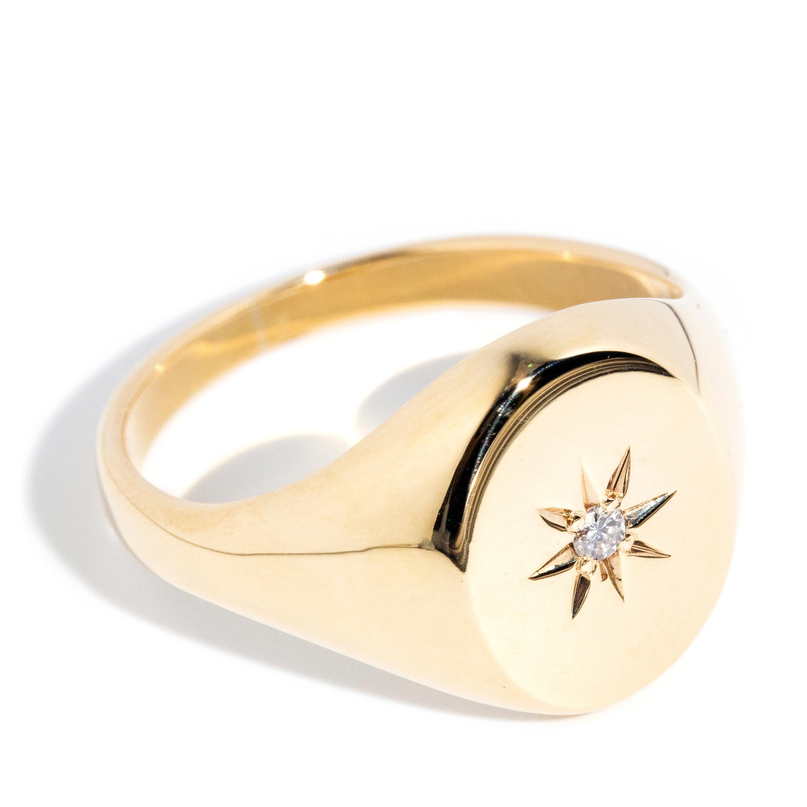 Women's or Men's Contemporary 9 Carat Yellow Gold Star Set Brilliant Diamond Oval Signet Ring For Sale