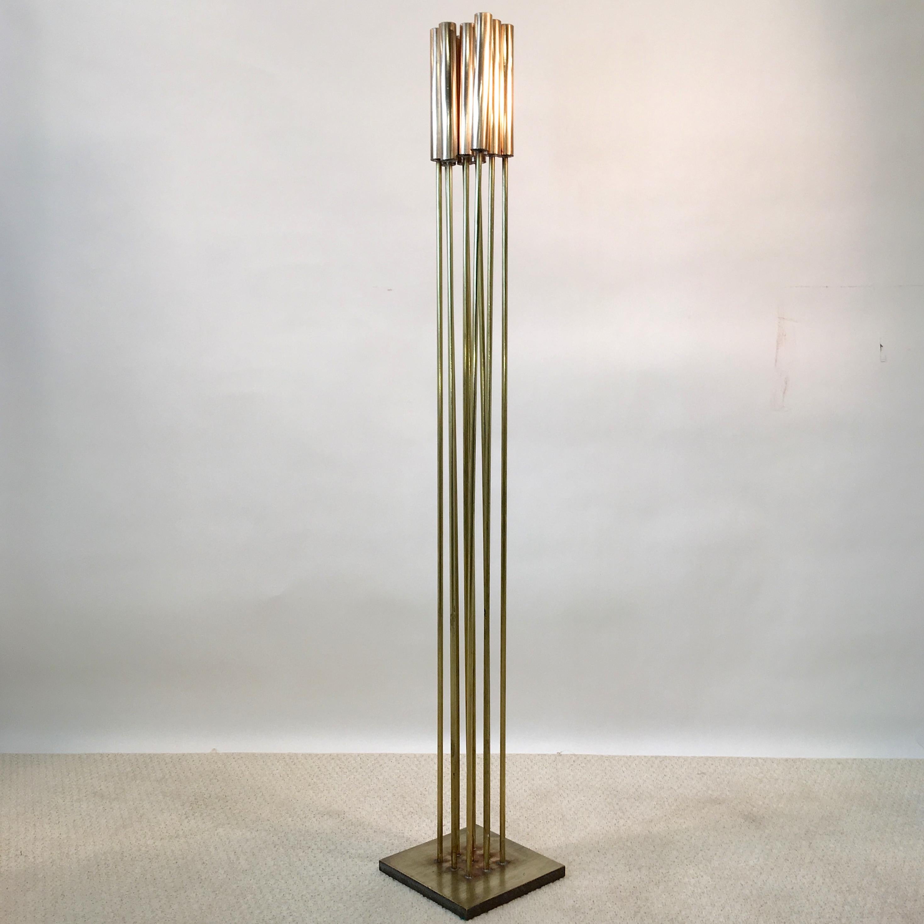 Solid Brass kinetic tonal sculpture. Measures 56 inches high on 9 inch square solid brass base. Style of Bertoia.

 