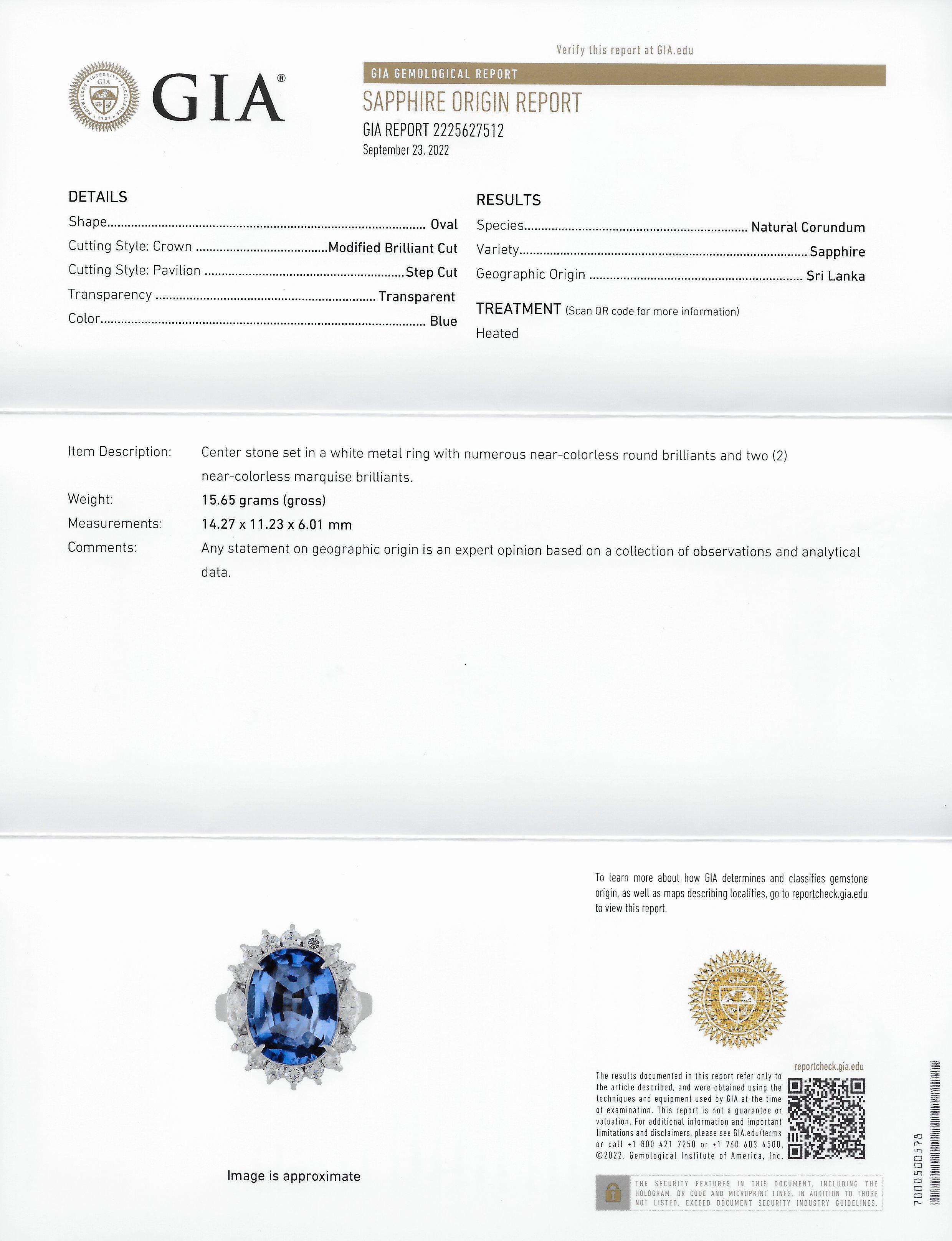 Contemporary 9.06 Carats Ceylon Sapphire Marquise Diamond Platinum Halo Ring GIA For Sale 7