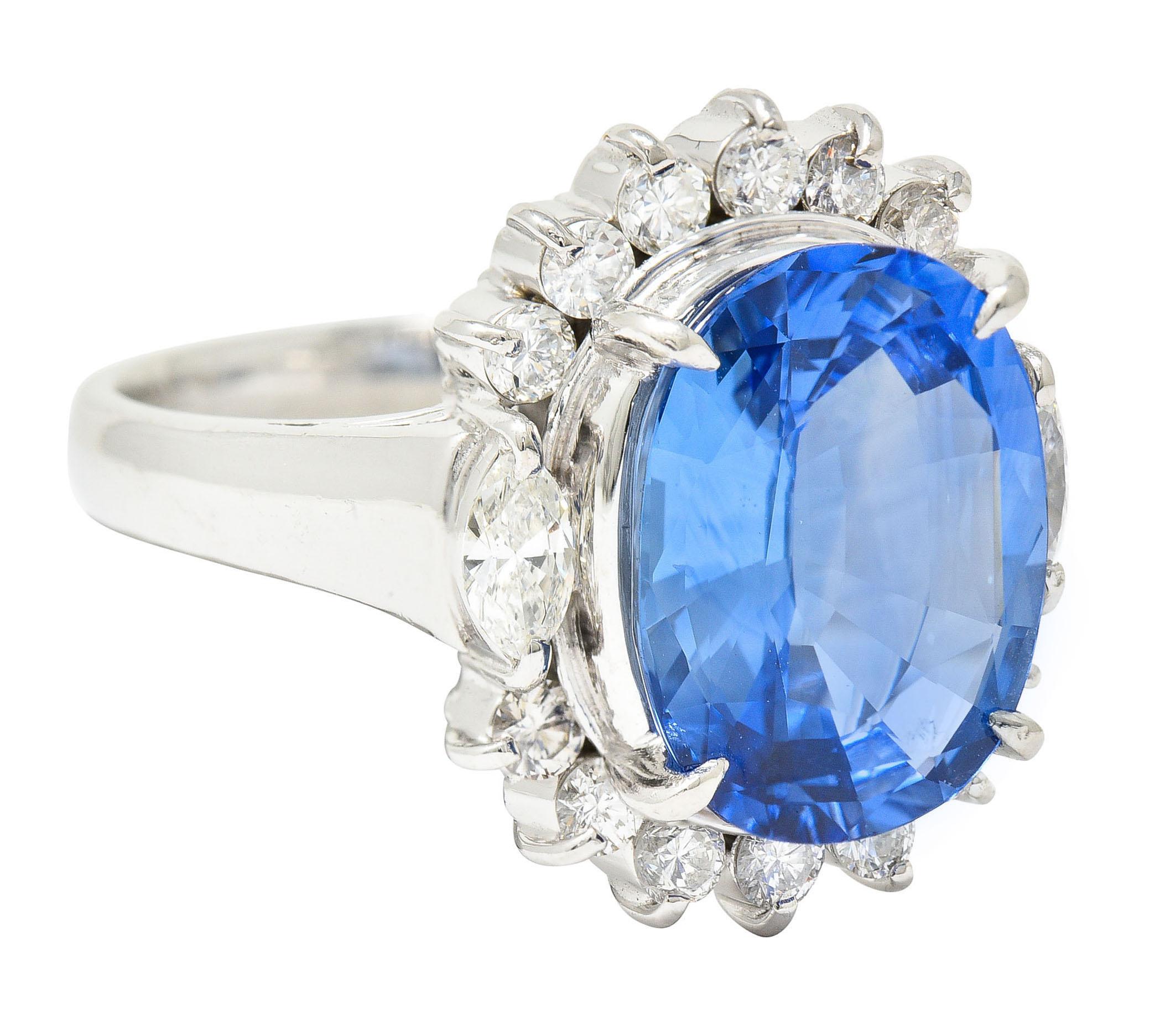Marquise Cut Contemporary 9.06 Carats Ceylon Sapphire Marquise Diamond Platinum Halo Ring GIA For Sale
