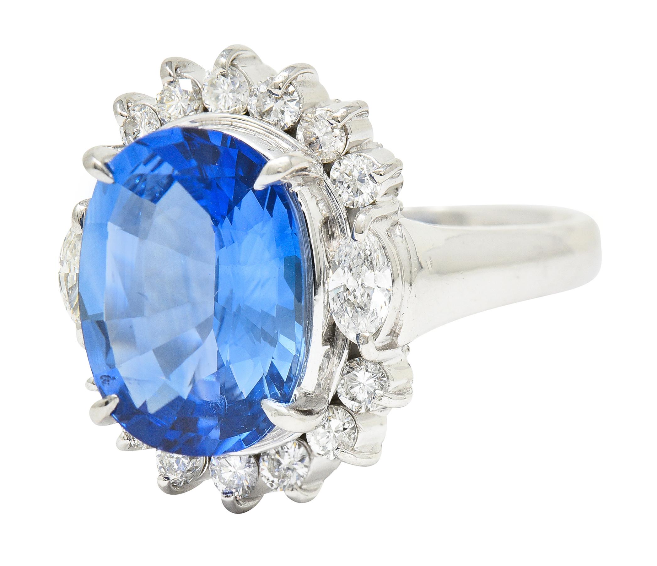 Contemporary 9.06 Carats Ceylon Sapphire Marquise Diamond Platinum Halo Ring GIA For Sale 2