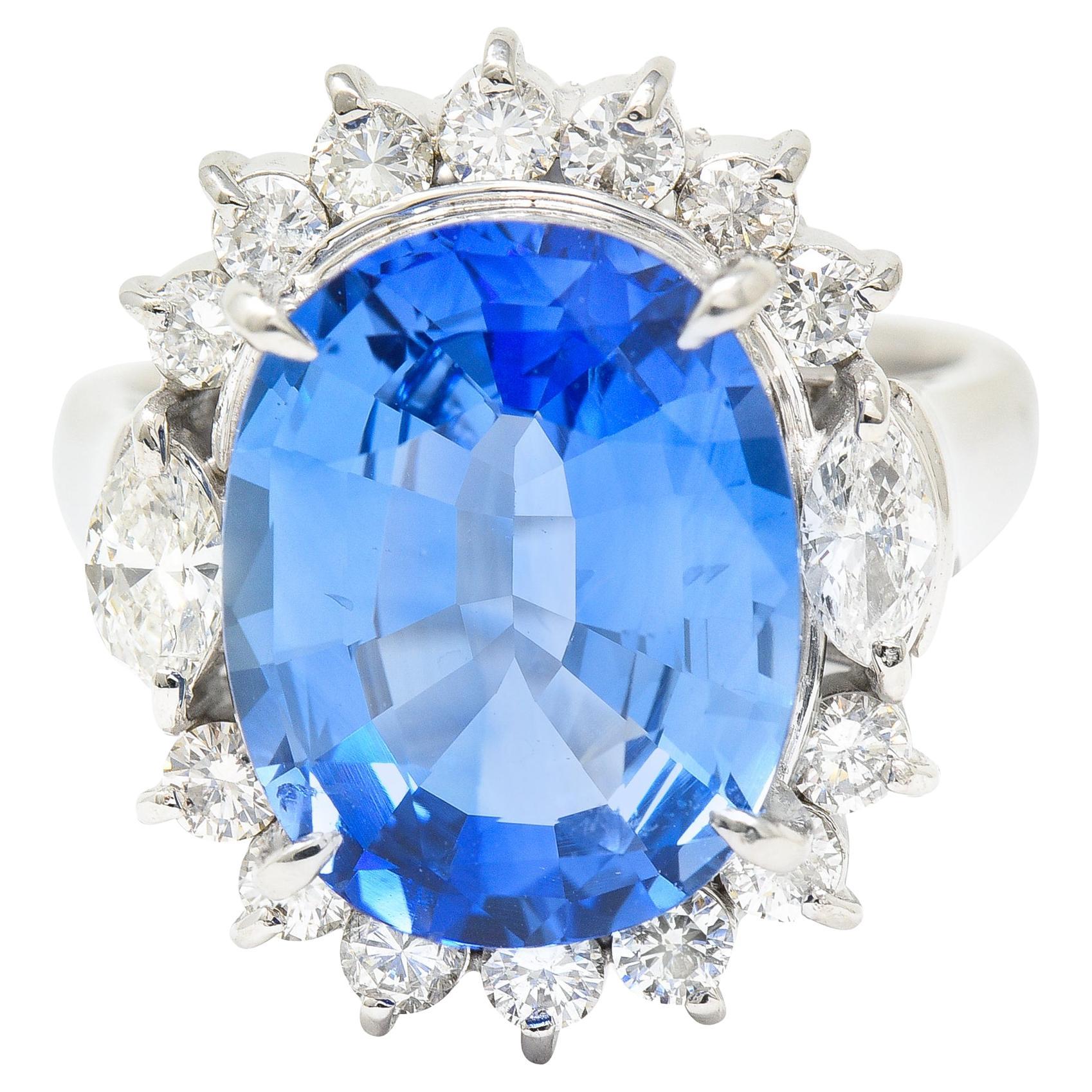 Contemporary 9.06 Carats Ceylon Sapphire Marquise Diamond Platinum Halo Ring GIA For Sale