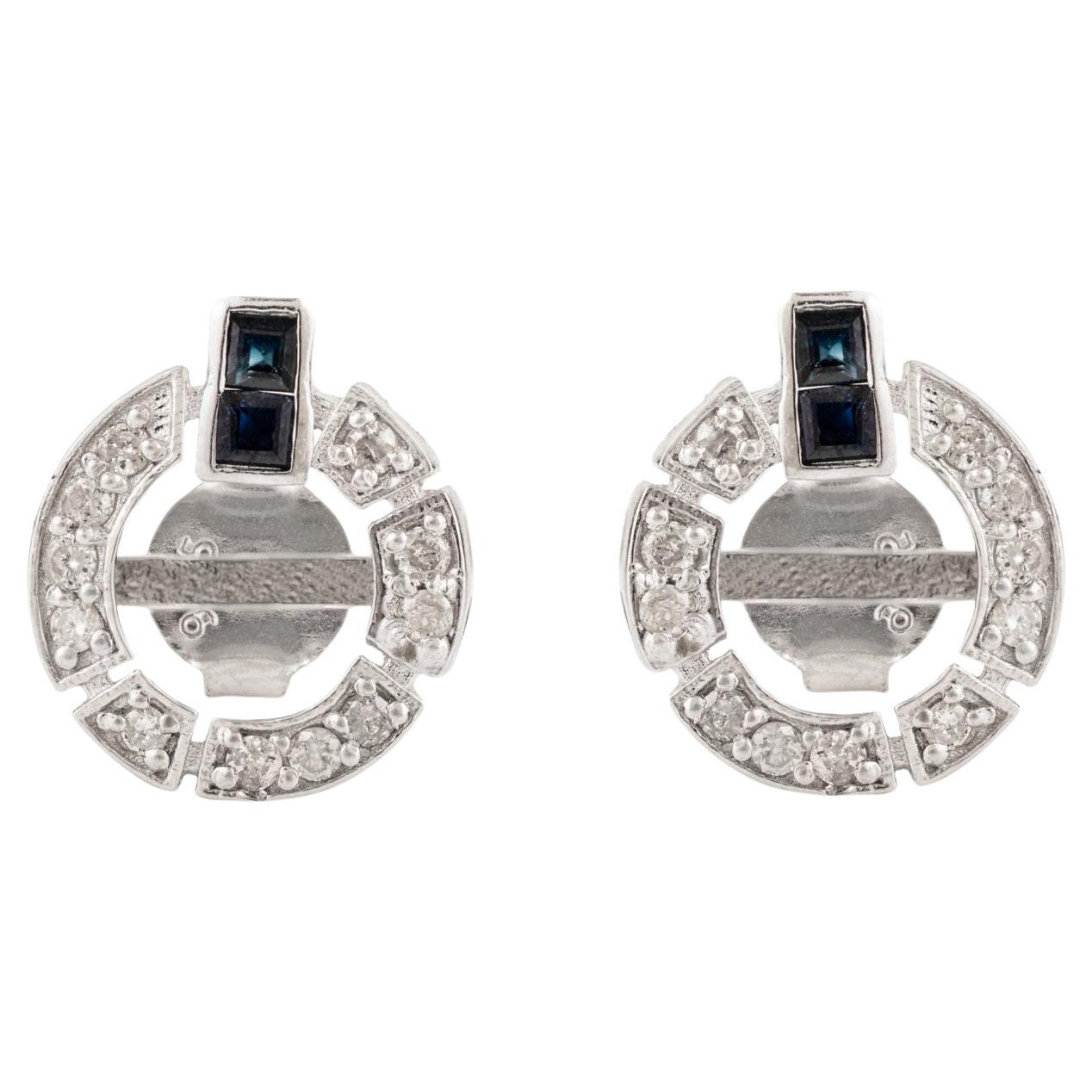 Contemporary 925 Sterling Silver Circle Blue Sapphire & Diamond Stud Earrings