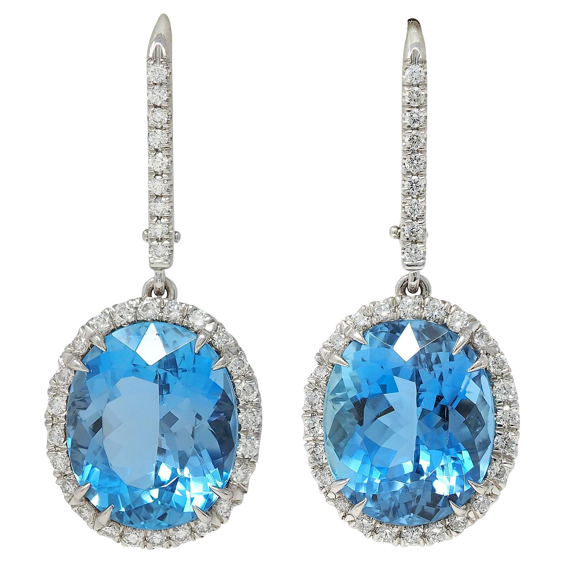 Contemporary 9.28 CTW Aquamarine Diamond Platinum Halo Drop Earrings