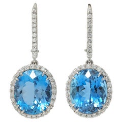 Contemporary 9.28 CTW Aquamarine Diamond Platinum Halo Drop Earrings