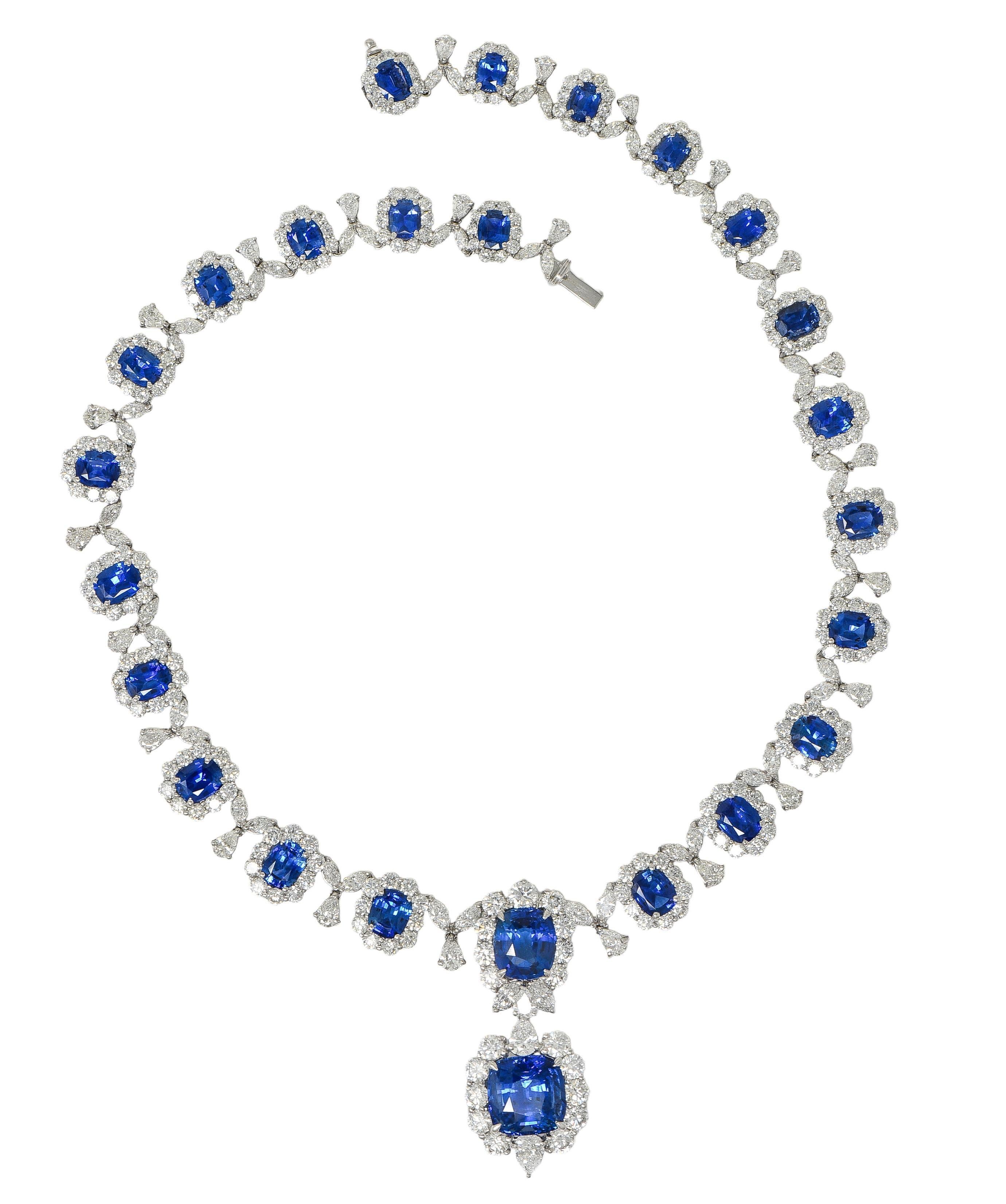 Zeitgenössische 93,45 CTW Blauer Saphir Diamant Platin Tropfen Statement-Halskette im Angebot 5