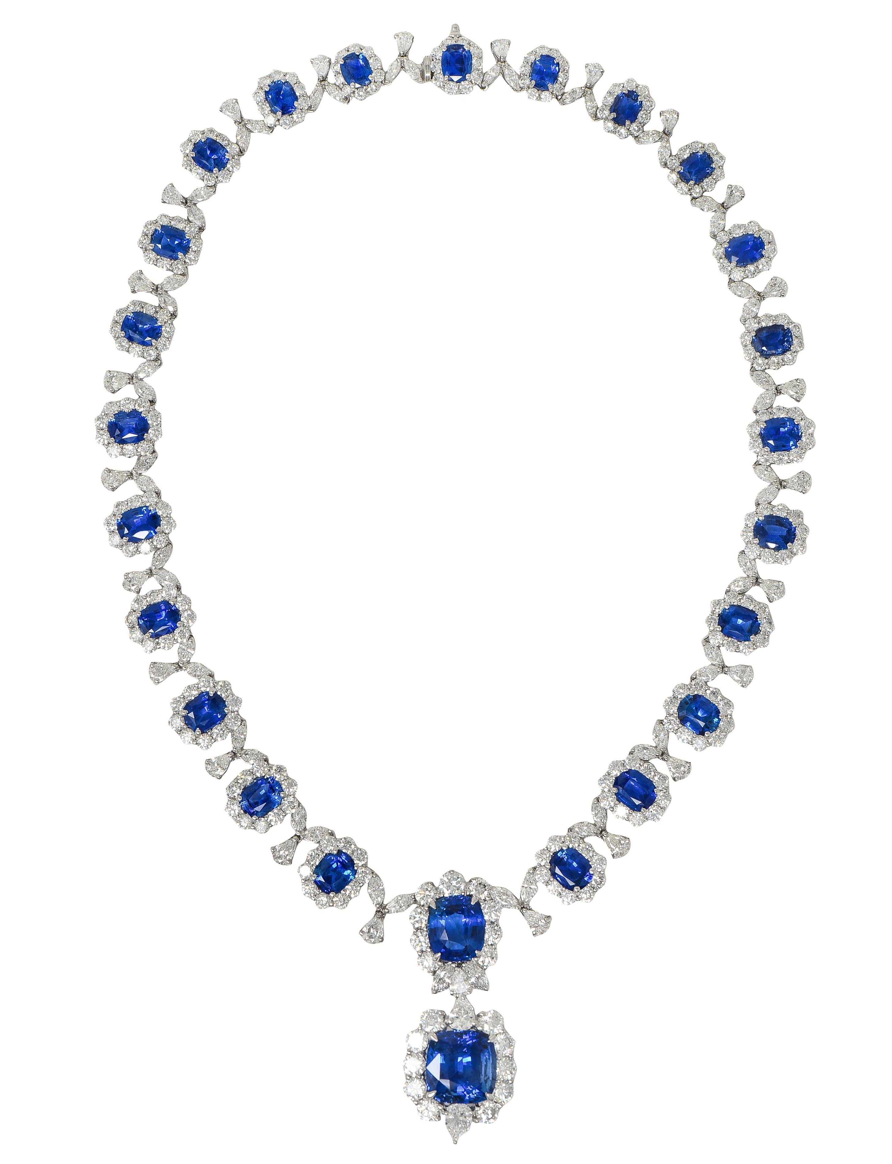 Zeitgenössische 93,45 CTW Blauer Saphir Diamant Platin Tropfen Statement-Halskette (Kissenschliff) im Angebot