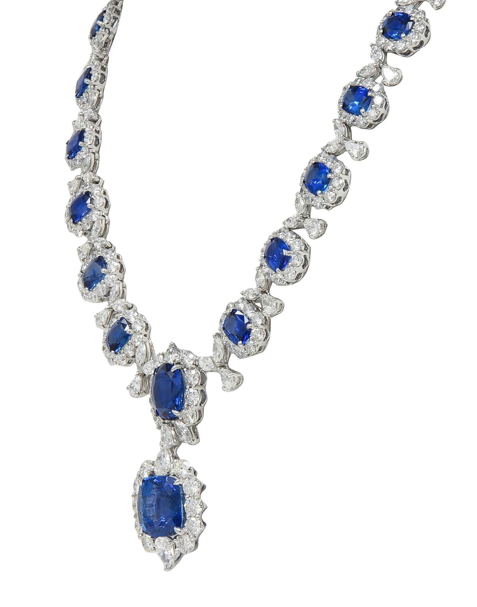 Zeitgenössische 93,45 CTW Blauer Saphir Diamant Platin Tropfen Statement-Halskette im Zustand „Hervorragend“ im Angebot in Philadelphia, PA
