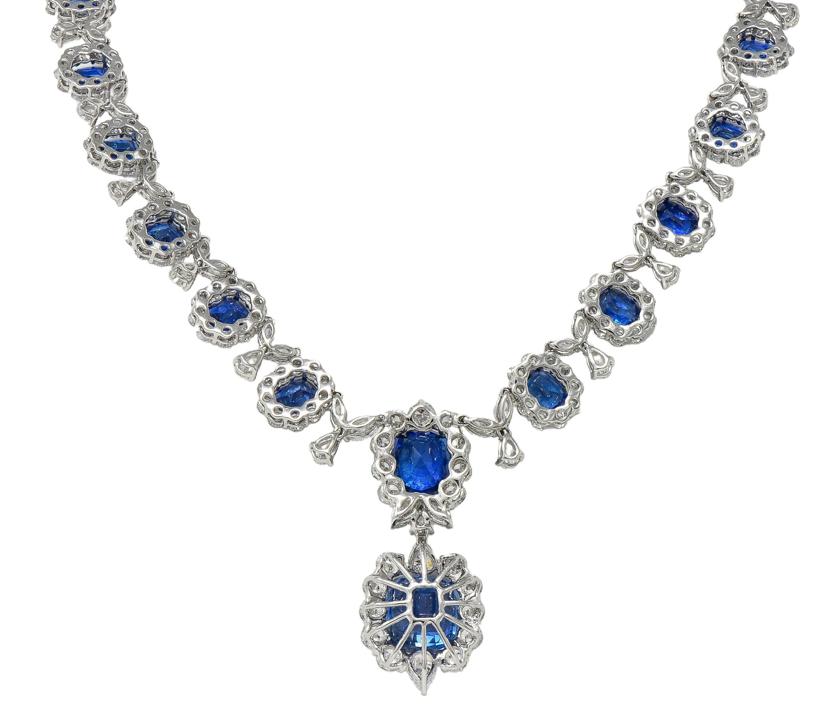 Zeitgenössische 93,45 CTW Blauer Saphir Diamant Platin Tropfen Statement-Halskette Damen im Angebot