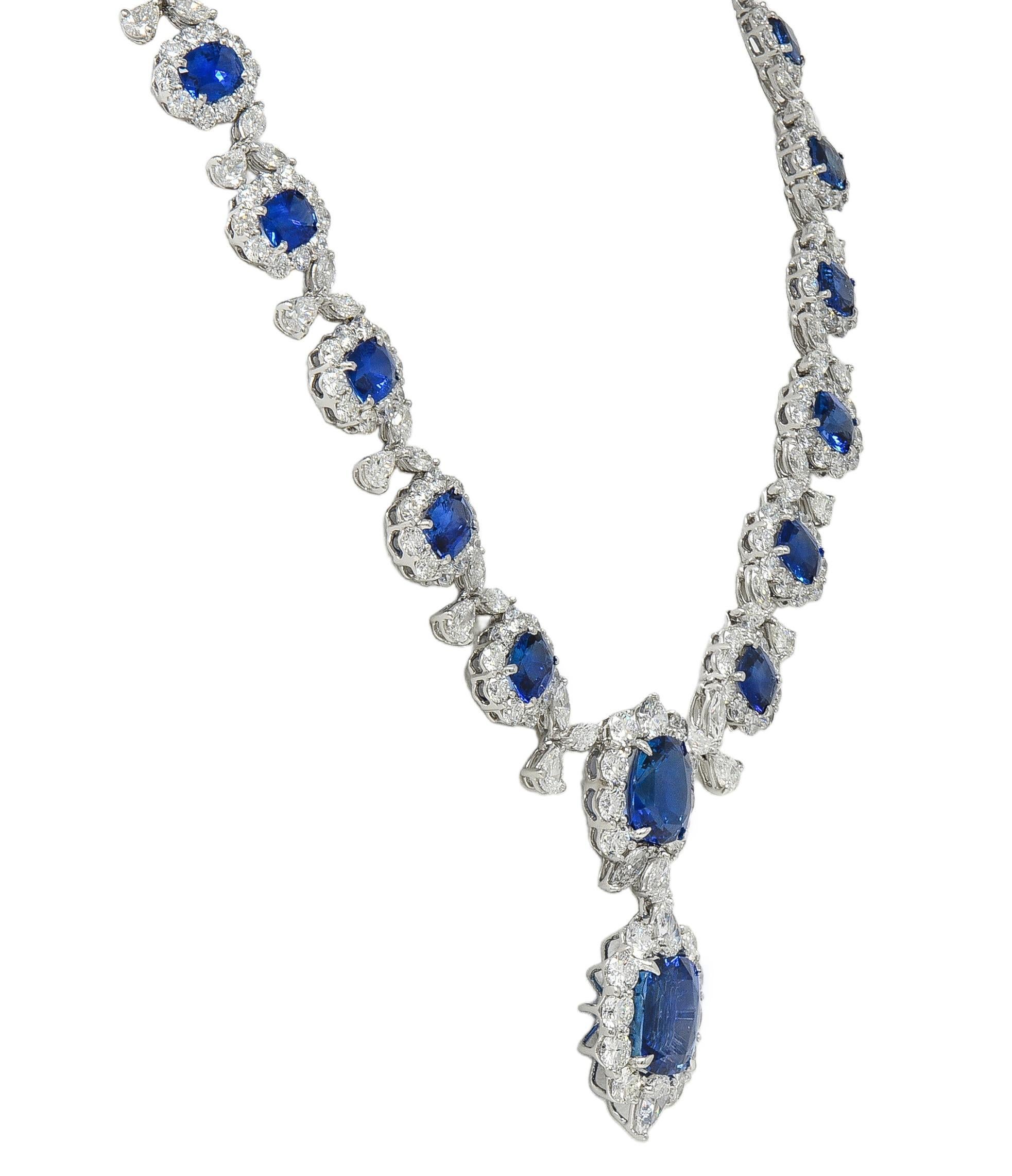 Zeitgenössische 93,45 CTW Blauer Saphir Diamant Platin Tropfen Statement-Halskette im Angebot 1