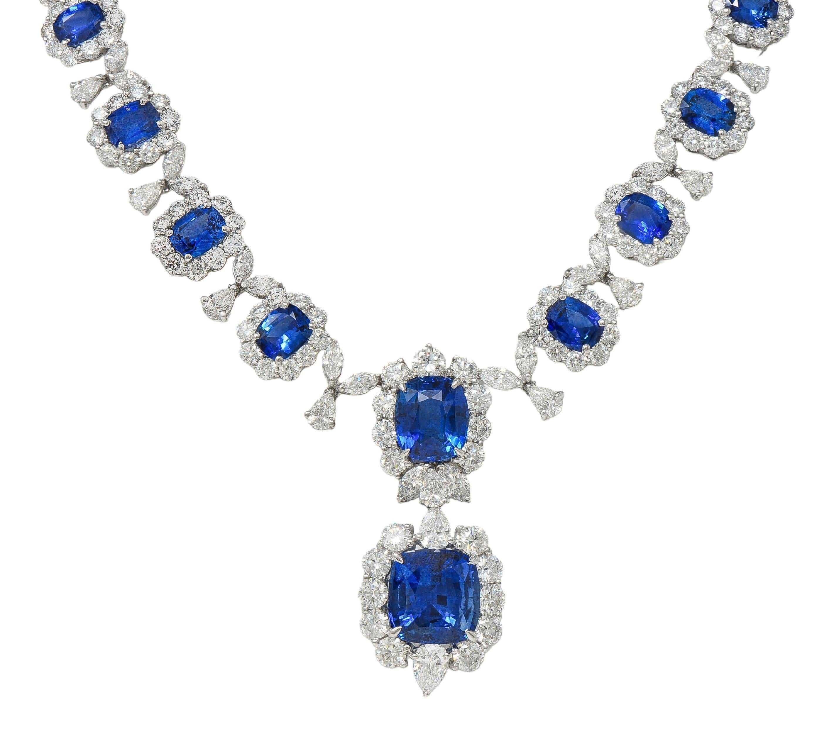 Zeitgenössische 93,45 CTW Blauer Saphir Diamant Platin Tropfen Statement-Halskette im Angebot 4