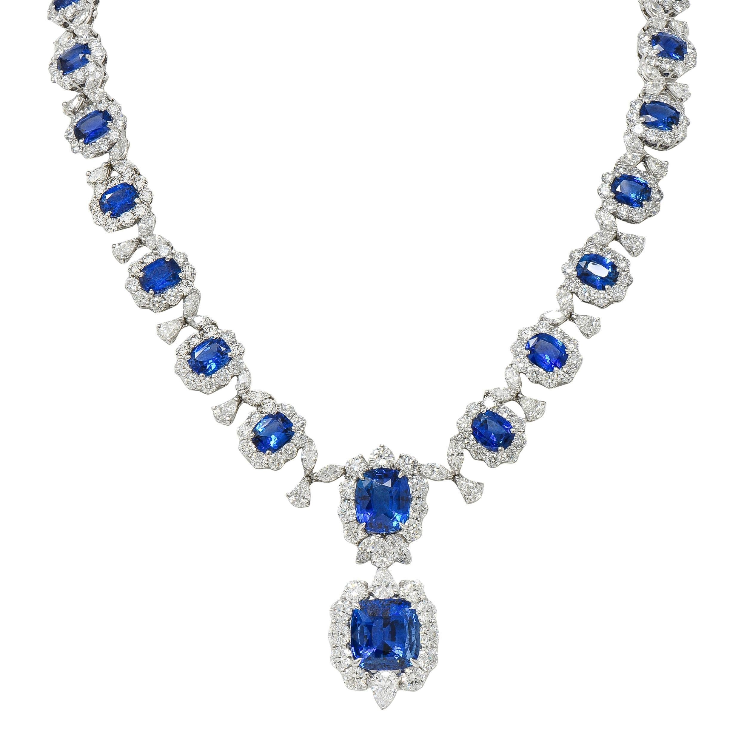 Zeitgenössische 93,45 CTW Blauer Saphir Diamant Platin Tropfen Statement-Halskette im Angebot