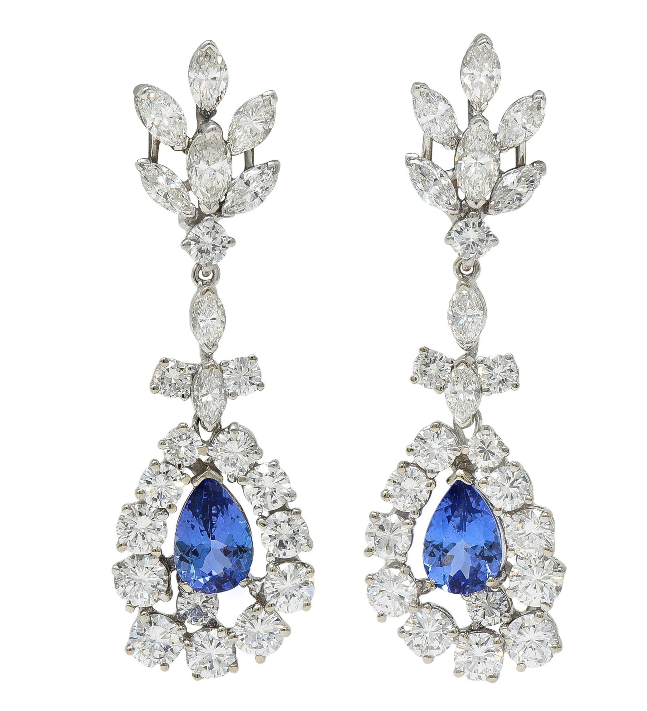 Contemporary 9.48 CTW Tanzanite Diamond 14K Gold Day-To-Night Halo Drop Earrings For Sale
