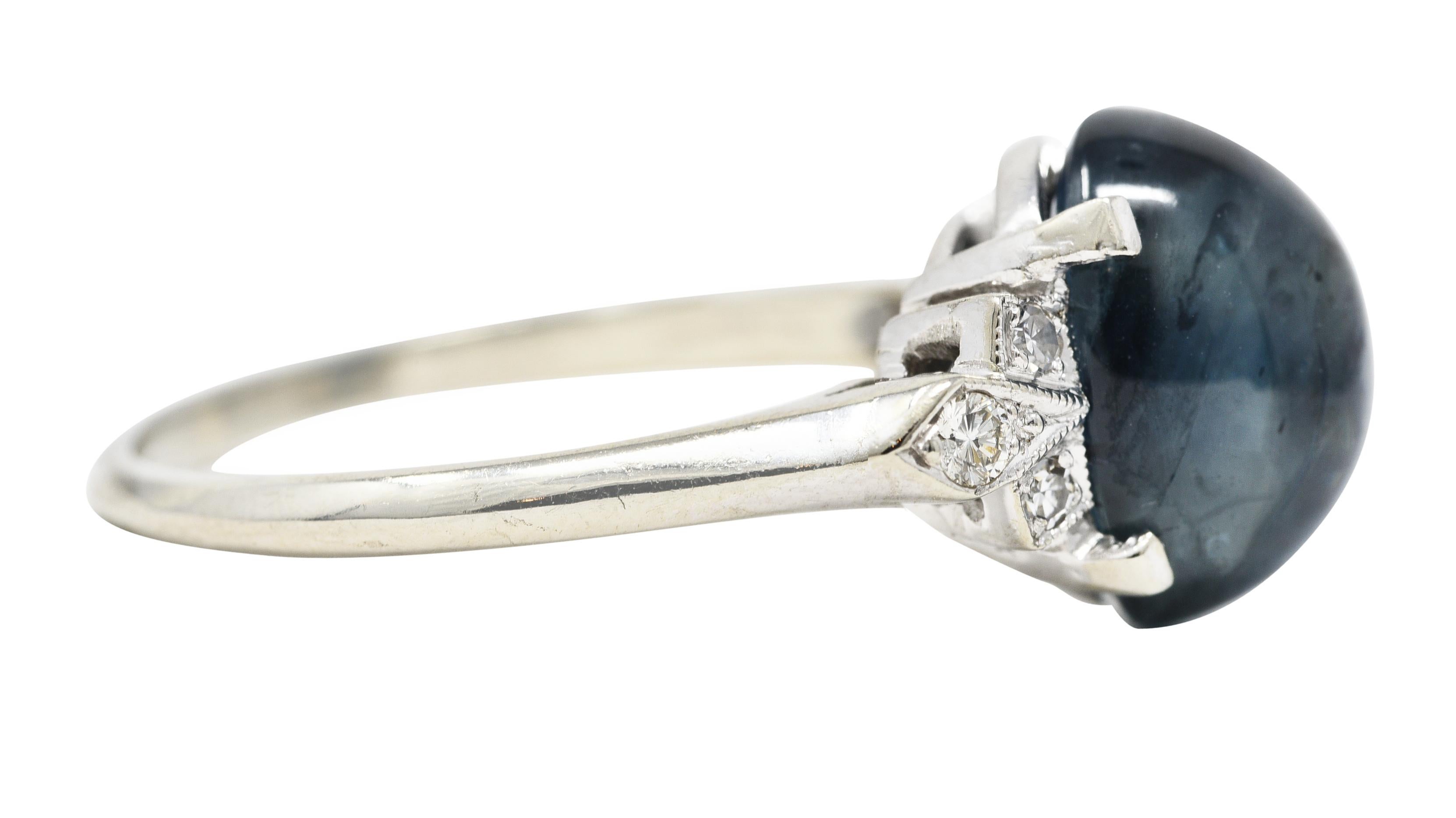 Oval Cut Contemporary 9.80 Carats Sapphire Cabochon Diamond 14 Karat White Gold Ring