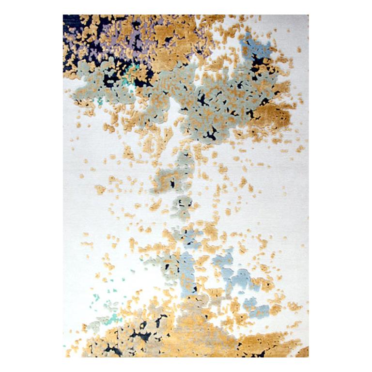 Contemporary Abstract Rug Green Gold Purple Black Handmade of Silk Wool