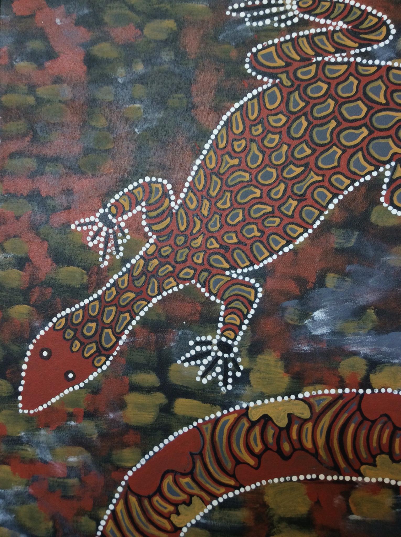 Contemporary Aboriginal art, oil and acrylic on canvas. The painting depicts significant snake and gecko figures and characters that might allude to a gathering of people, a ceremony, and hunting. The background is a dynamic layer of colorful