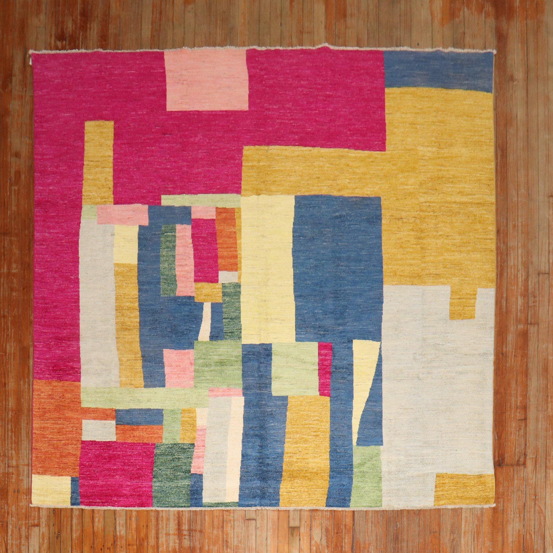 21st century square one of a kind Afghan contemporary rug with a colorful abstract design.

Measures:8.2