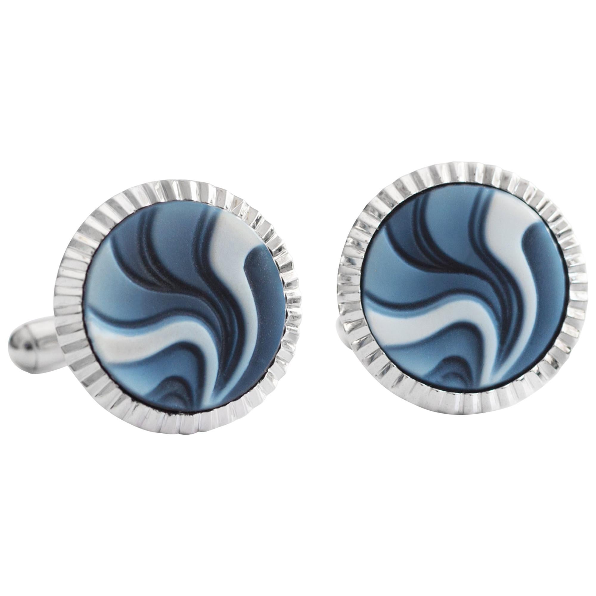 Sterling Silver Contemporary Design Agate Carving Gemstone Cufflinks  