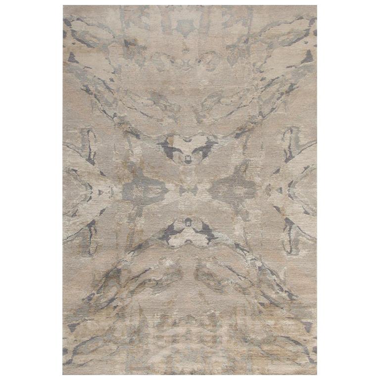 Contemporary Abstract Area Rug in Beige Gray, Handmade of Silk, Wool, "Arte"