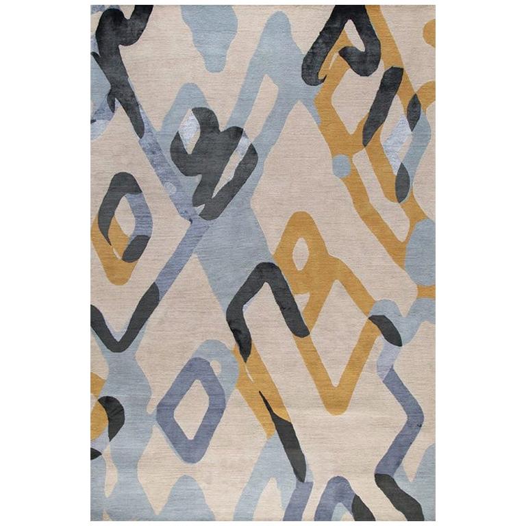 Contemporary Abstract Area Rug in Blue and Yellow, Handmade of Wool Silk, "Loop"