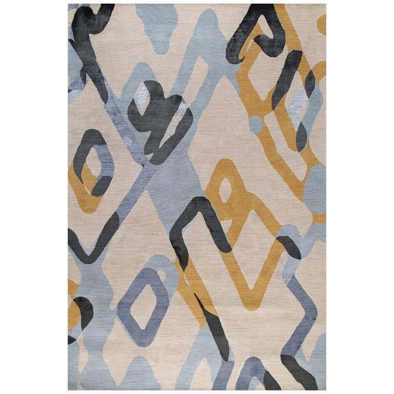 Contemporary Abstract Area Rug in Blue and Yellow, Handmade of Wool ...