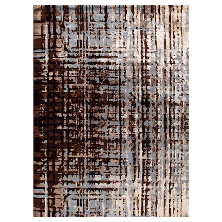 Contemporary Abstract Area Rug in Blue Brown, Handmade of Silk, Wool, "Sparse"