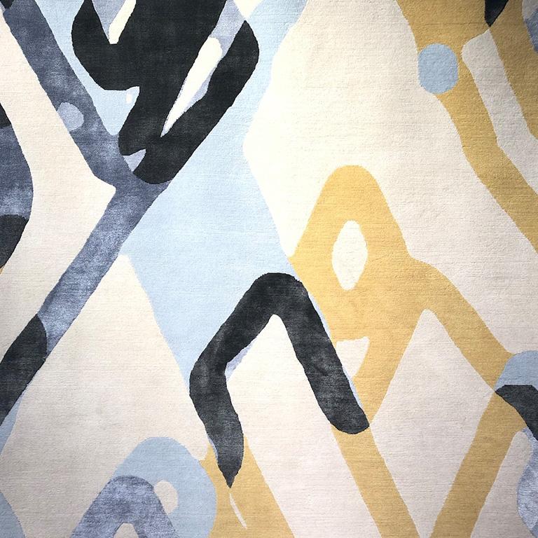 Modern Contemporary Abstract Area Rug in Blue and Yellow, Handmade of Wool Silk, 