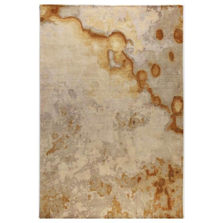 Contemporary Abstract Rug in Golds Taupe, Handmade of Silk / Wool, 200K ...