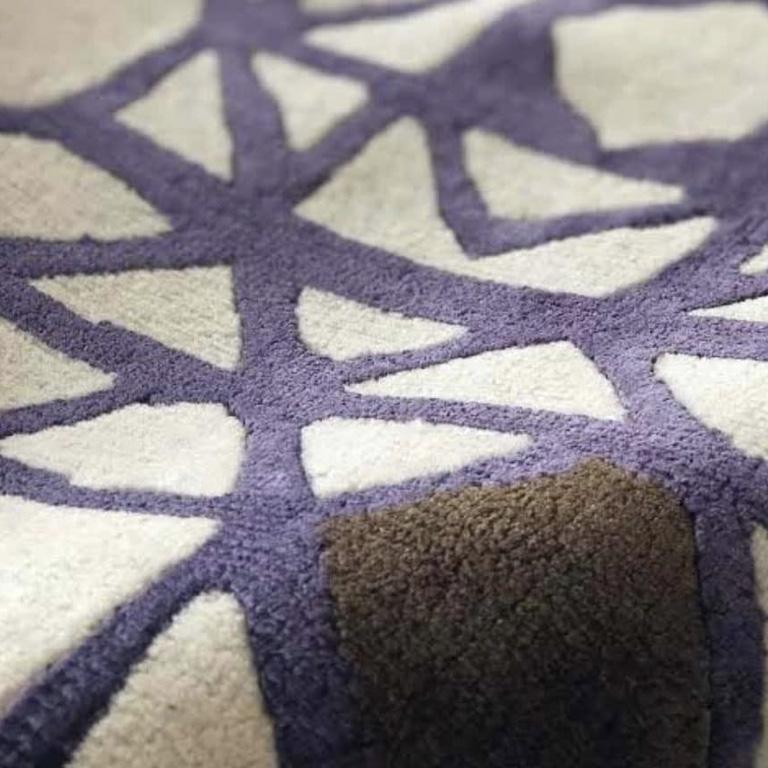 Modern Contemporary Abstract Area Rug in Purple White, Handmade of Silk, Wool, 