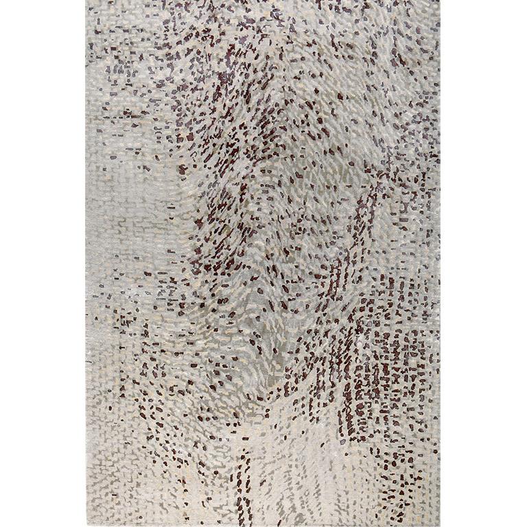 Contemporary Abstract Area Rug in Red, Handmade of Silk, Wool, 